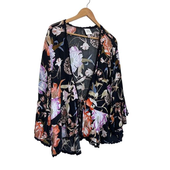 Knox Rose Large Black Floral Bell Sleeve Lace Trim Open Tie Front Cardigan Large - Picture 2 of 7